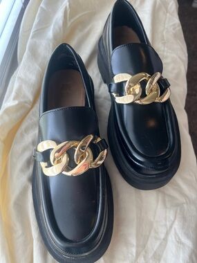 Black Platform Loafers with Gold Chain Accent